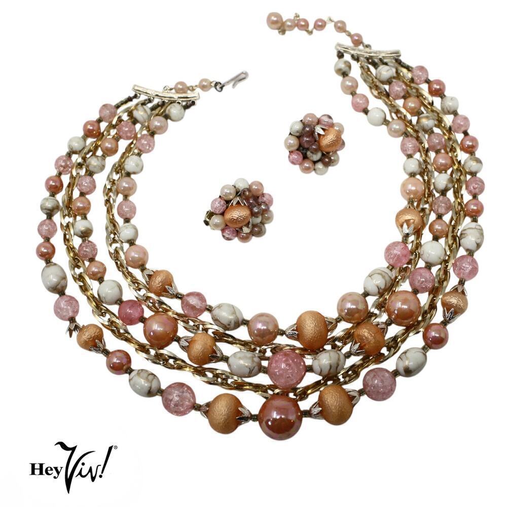 Vintage 5 Strand Peach Pink Bead Chain Necklace Clip On Earring Set in Box Japan